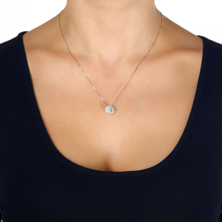 1.00 Carat Lab Grown Diamond Round Halo Pendant Necklace for Women in 14k White Gold on 18 Inch Chain (G-H, 12-13) Spring Ring 