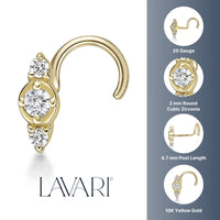 10K Gold Three-Stone Cubic Zirconia Nose Screw - 20G
