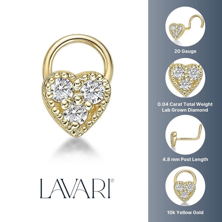 10K Gold Heart 0.03 Carat Lab Grown Diamond Nose Screw - 20G