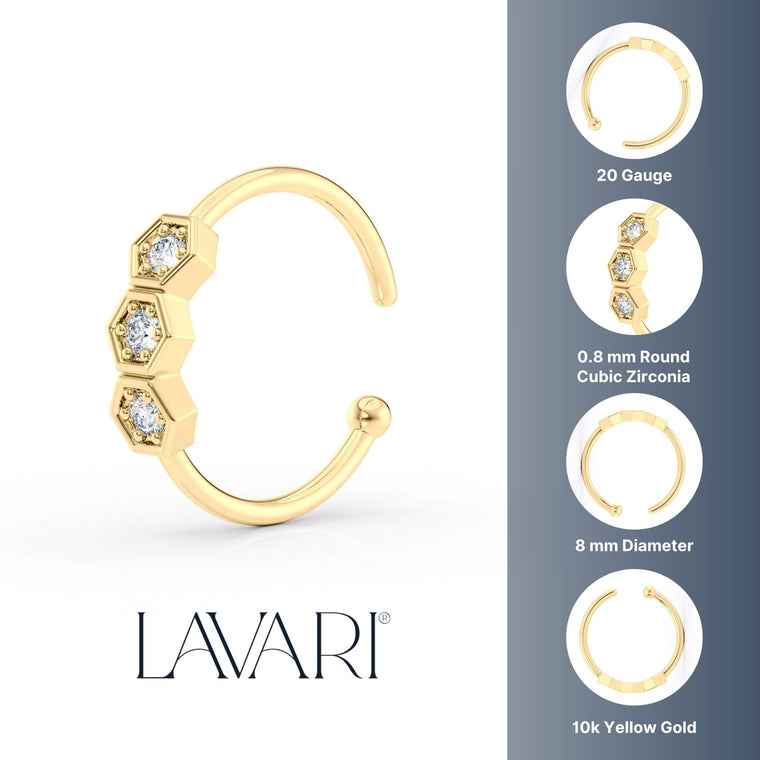 10K Hoenycomb CZ Open Hoop Nose Ring - 20G
