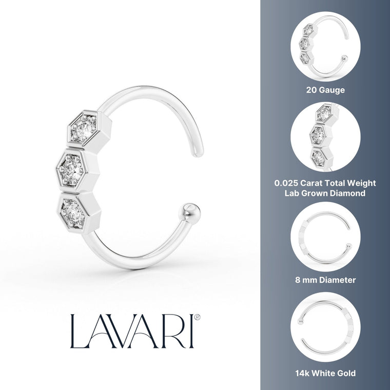 14K Gold Hexagon 0.025 Carat Lab Grown Diamond Nose Hoop - 20G