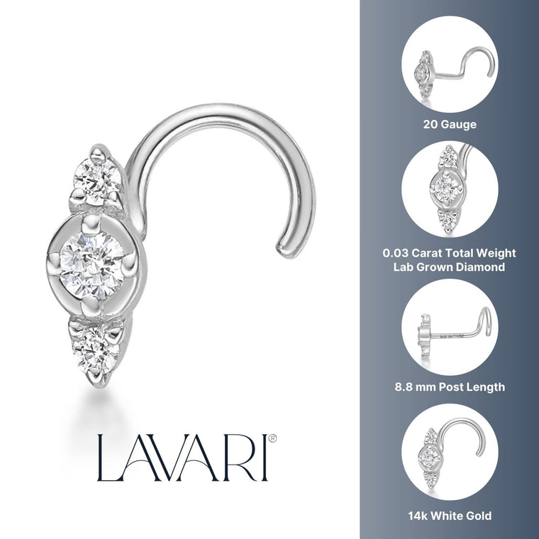 14K Gold Three-Stone 0.03 Carat Lab Grown Diamond Nose Screw - 20G