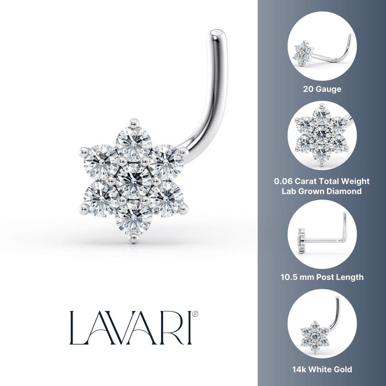 14K Gold Flower Screw Lab Grown Diamond Nose Ring - 20G