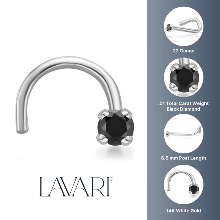 14K Gold Screw Black Diamond Nose Ring - 22G