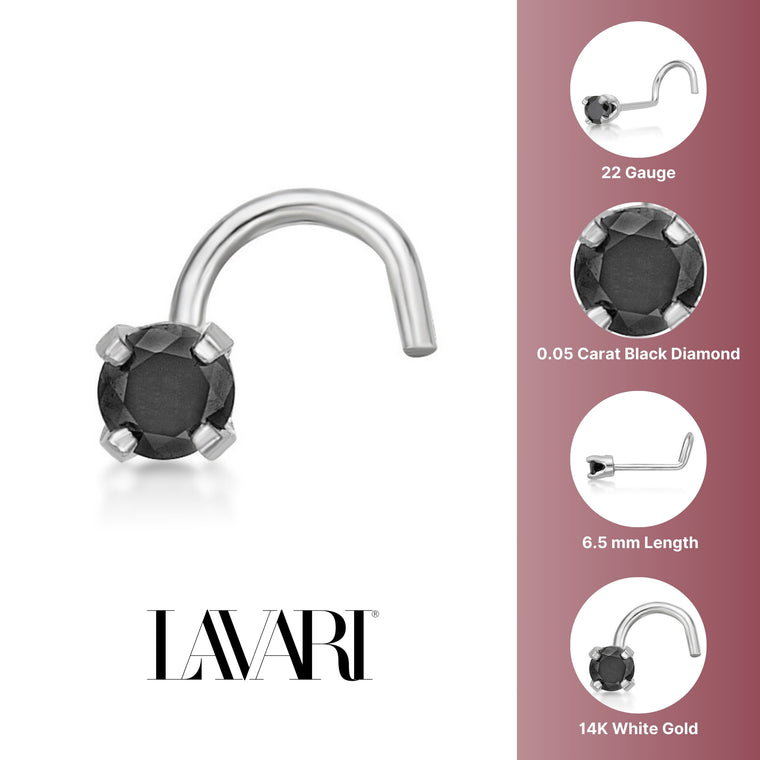 14K Gold Screw Black Diamond Nose Ring - 22G