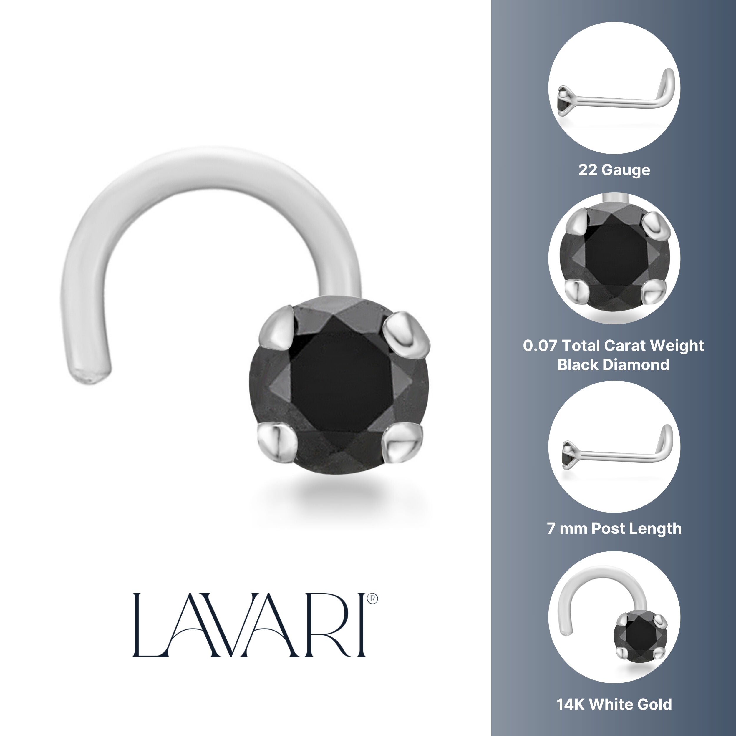 14K Gold Screw Black Diamond Nose Ring - 22G