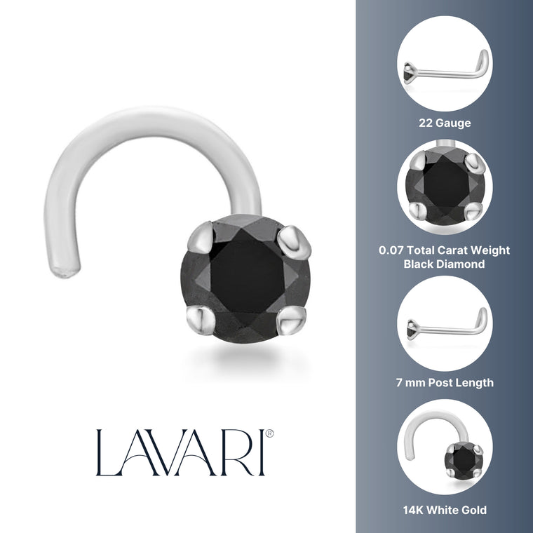 14K Gold Screw Black Diamond Nose Ring - 22G