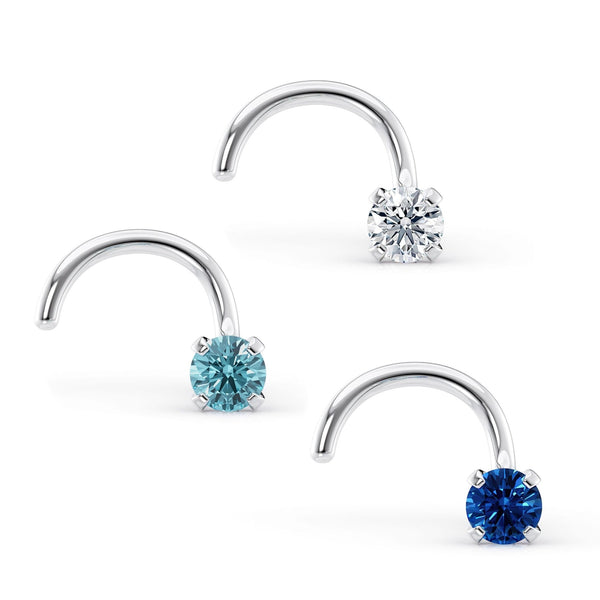 14K Blue and White CZ Curved Nose Ring Set - 20G
