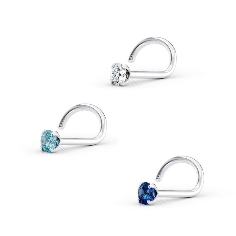 14K Blue and White CZ Curved Nose Ring Set - 20G