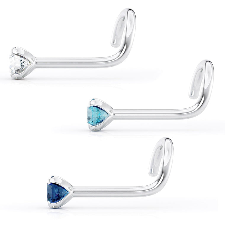 14K Blue and White CZ Curved Nose Ring Set - 20G