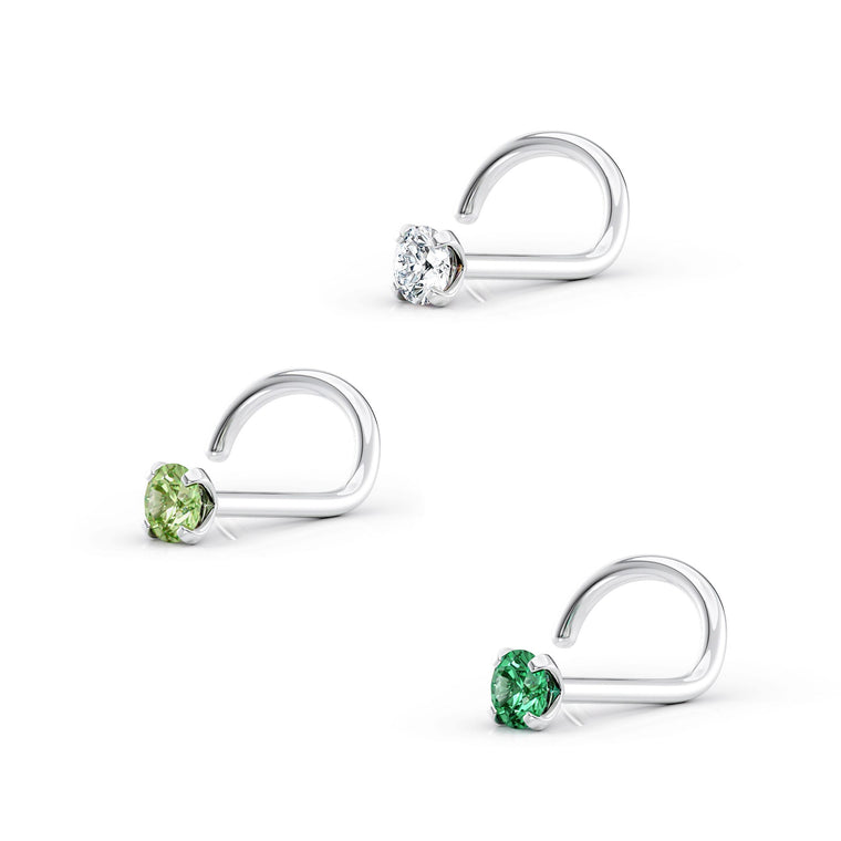 14K Green CZ Curved Nose Ring - 20G
