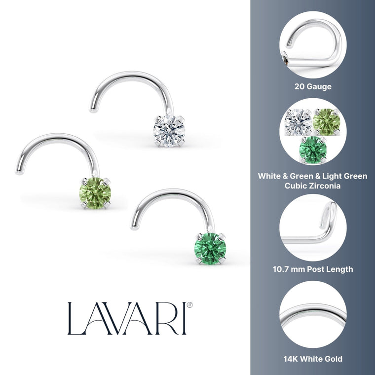 14K Green CZ Curved Nose Ring - 20G