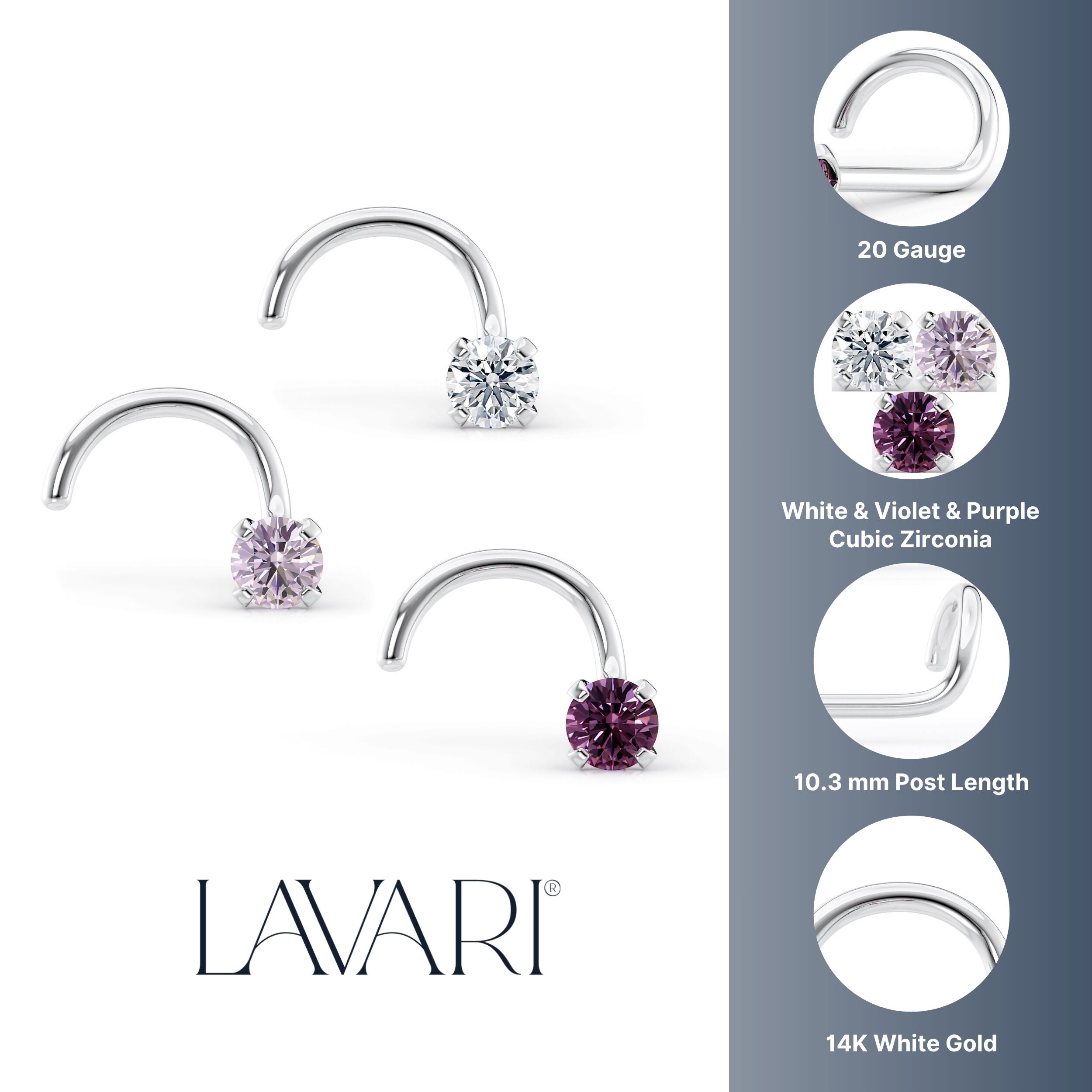 14K Purple CZ Curved Nose Ring - 20G