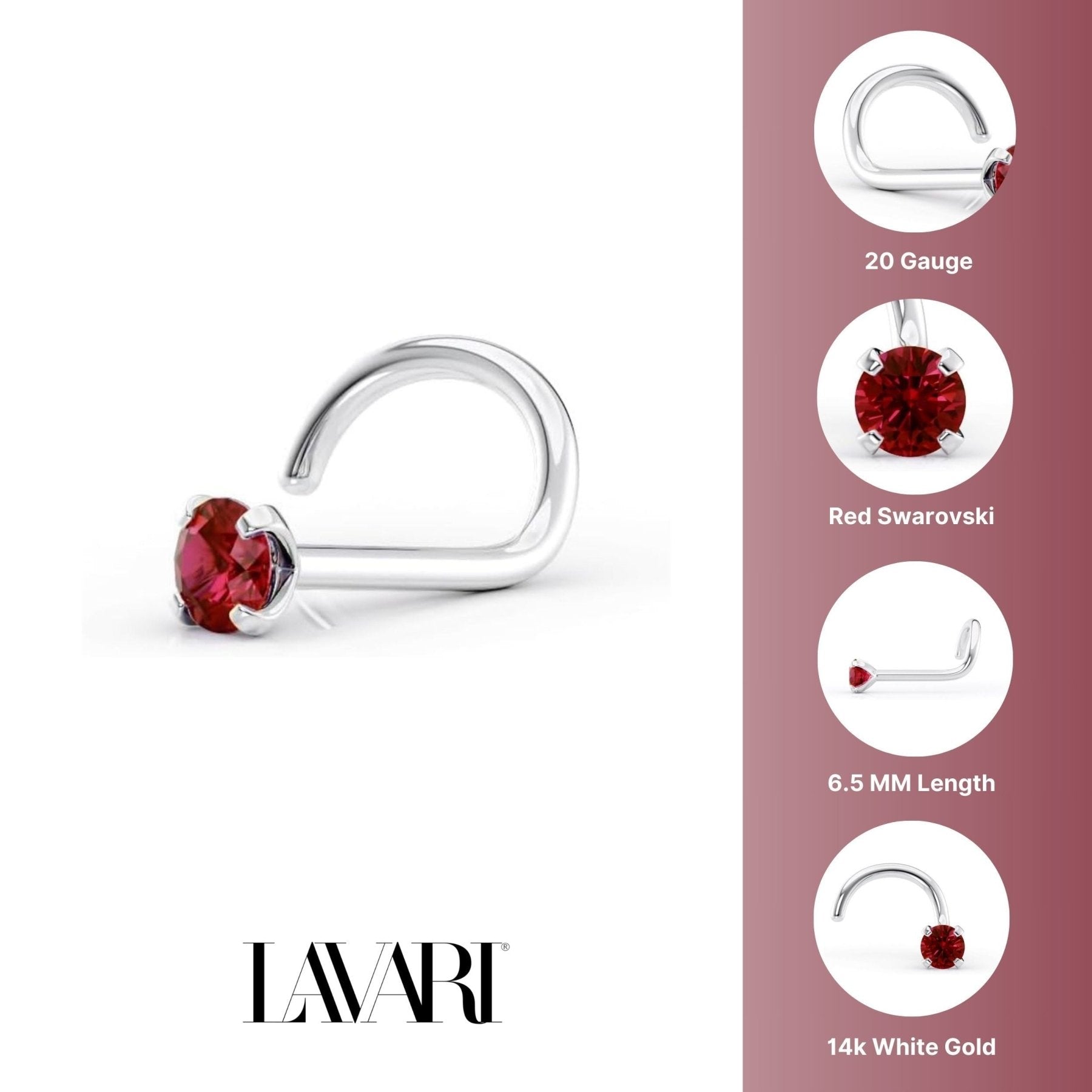 14K Red Crystal Curved Nose Ring - 20G