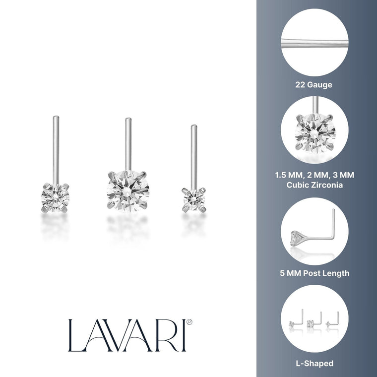 14K Gold L-Shaped Cubic Zirconia Nose Ring Set - 22G
