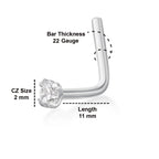 14K Gold L-Shaped Cubic Zirconia Nose Ring - 22G