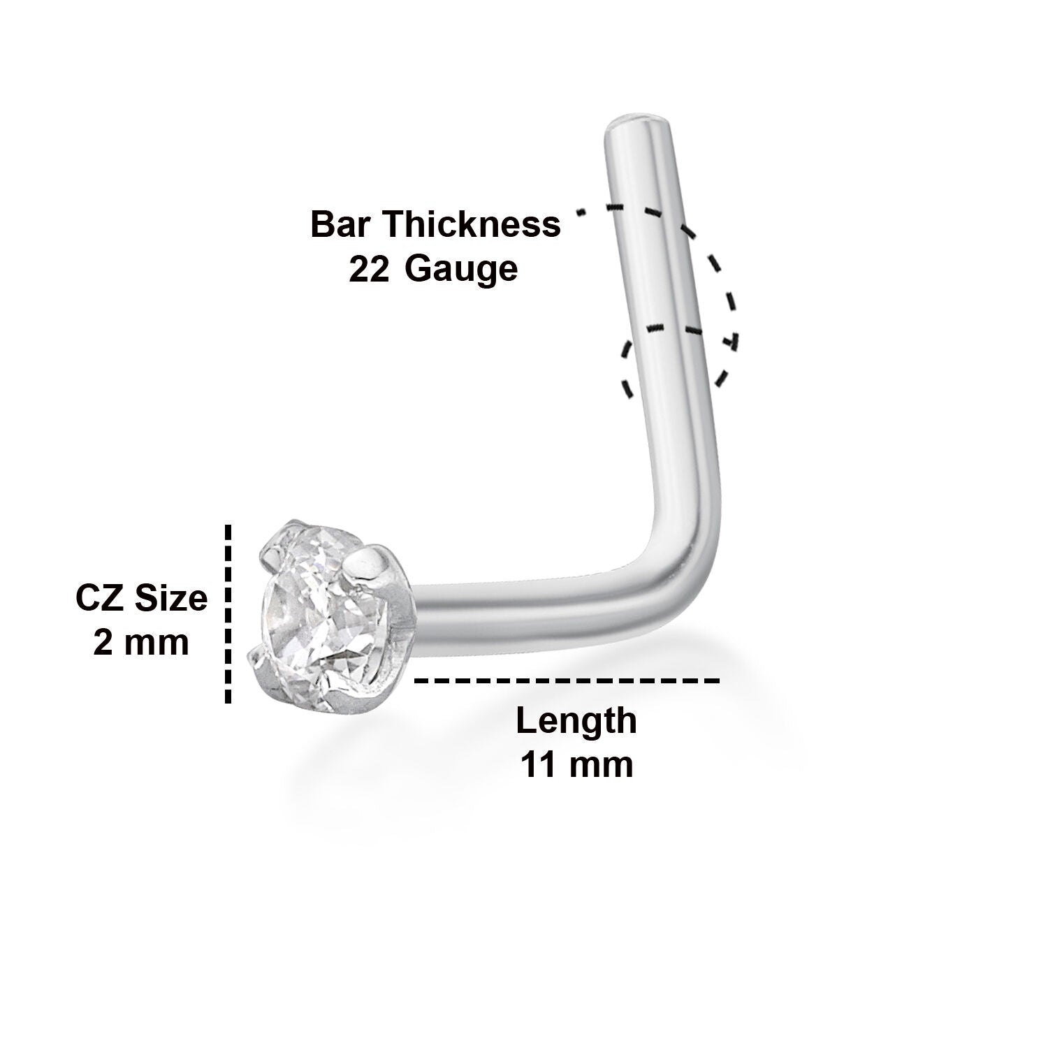 14K Gold L-Shaped Cubic Zirconia Nose Ring - 22G