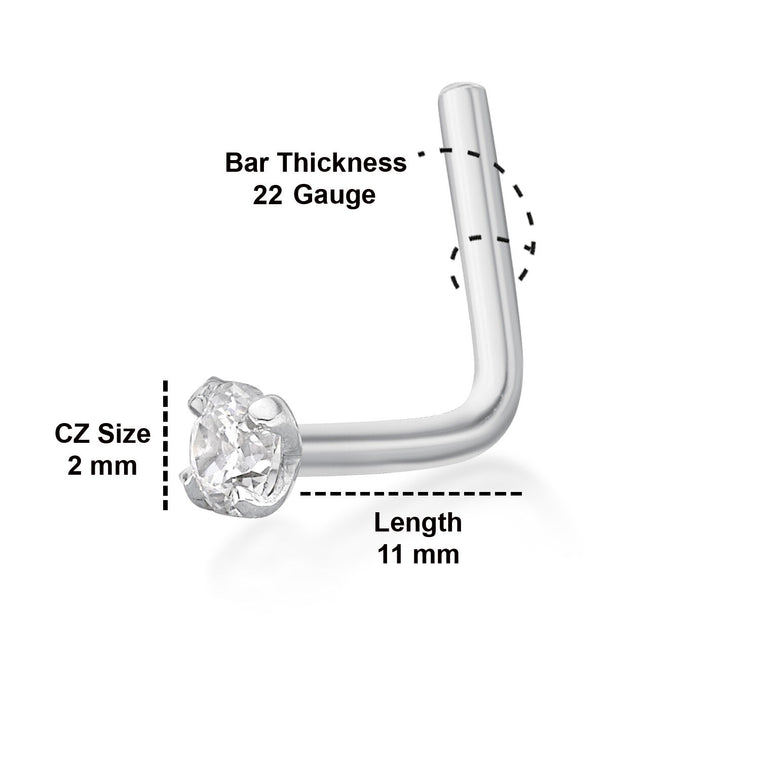 14K Gold L-Shaped Cubic Zirconia Nose Ring - 22G