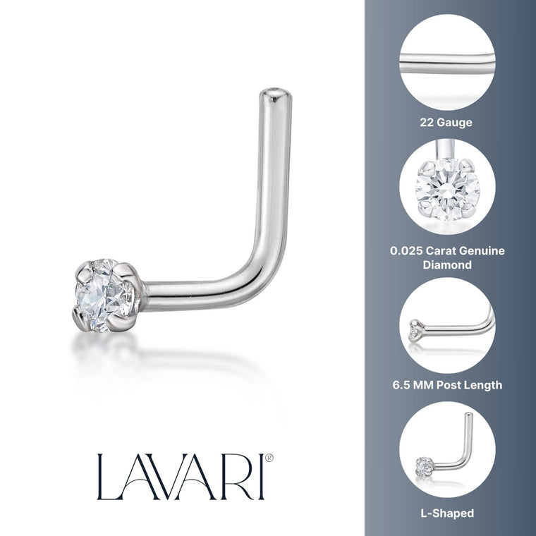 14K L-Shaped Diamond Nose Stud - 22G
