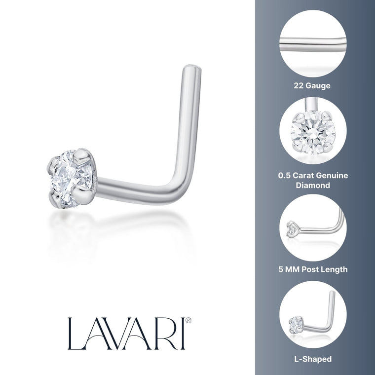 14K L-Shaped Diamond Nose Stud - 22G