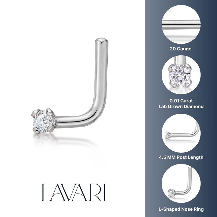 14K Gold L-Shaped Diamond Nose Ring - 20G