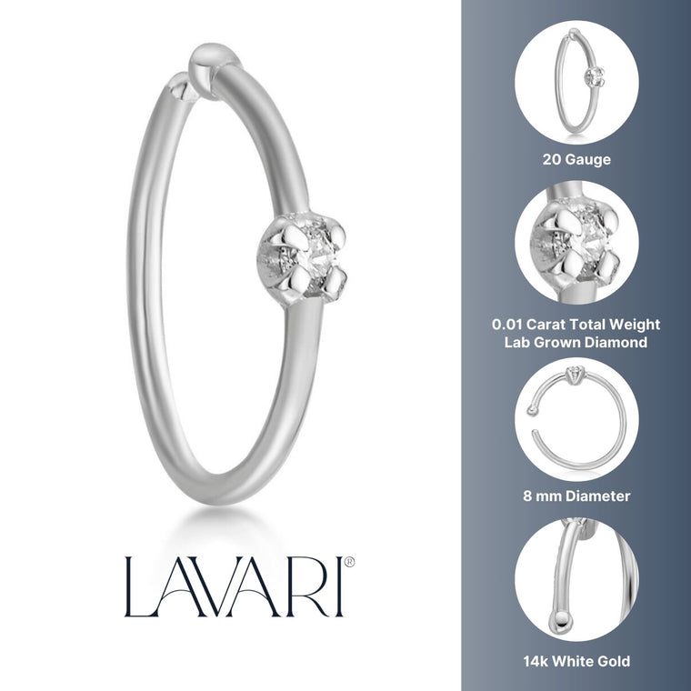 14K Gold 0.01 Carat Lab Grown Diamond Nose Hoop - 20G