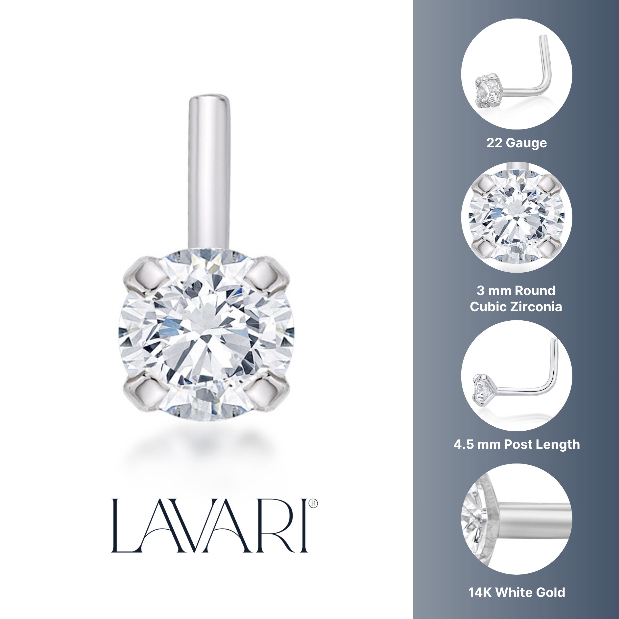 14K Gold L-Shaped Cubic Zirconia Nose Ring - 22G