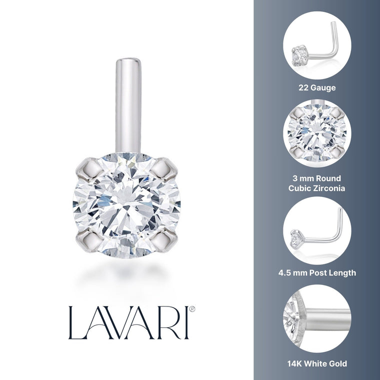 14K Gold L-Shaped Cubic Zirconia Nose Ring - 22G