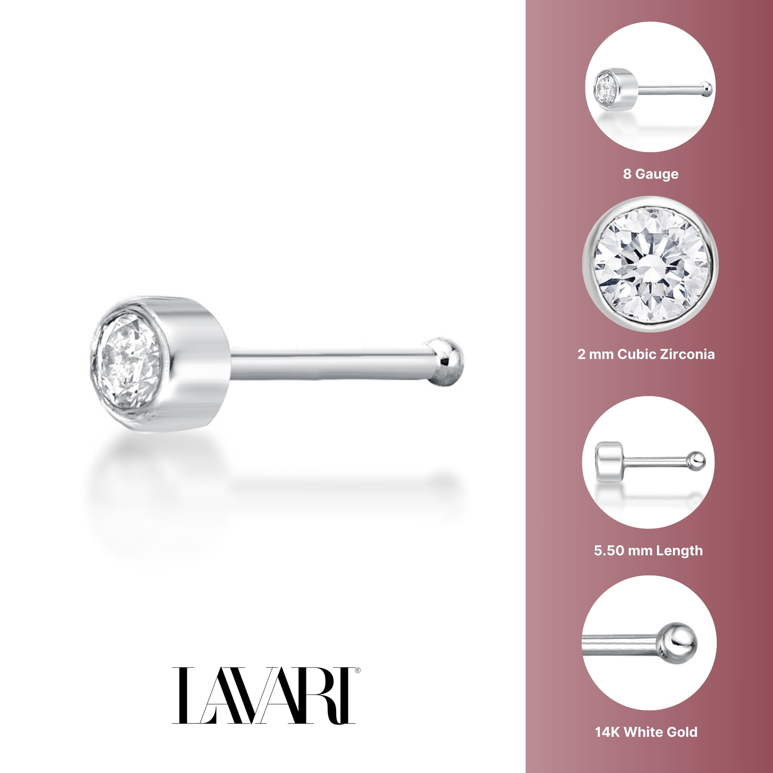 14K Gold Bezel Set Cubic Zirconia Nose Stud - 22G