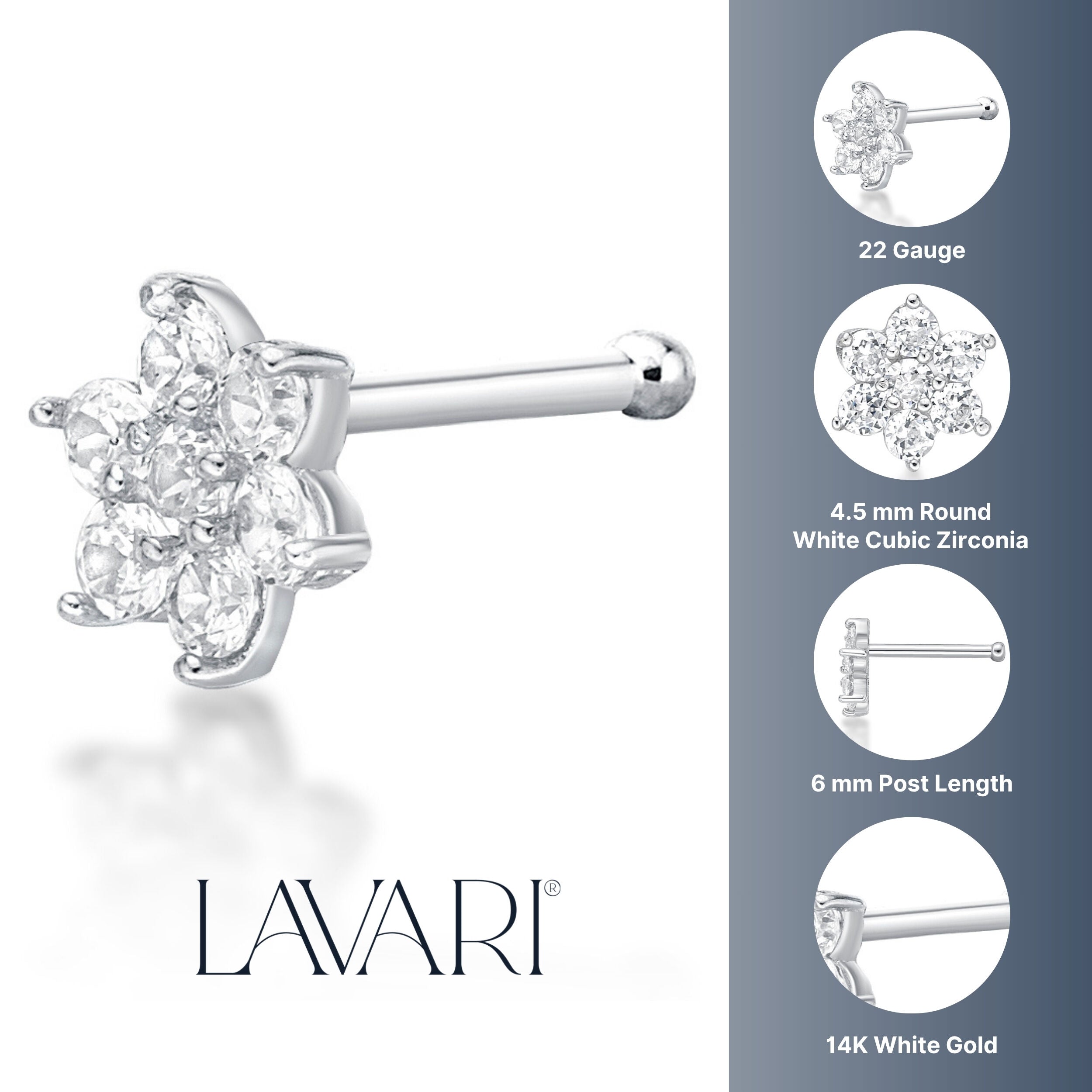 14K Gold Flower Cubic Zirconia Nose Stud - 22G
