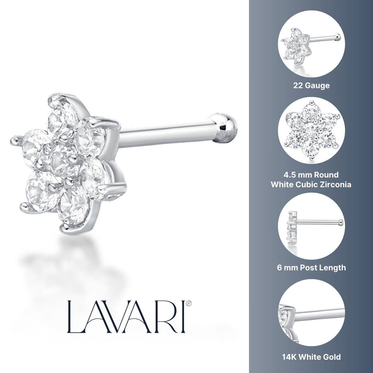 14K Gold Flower Cubic Zirconia Nose Stud - 22G