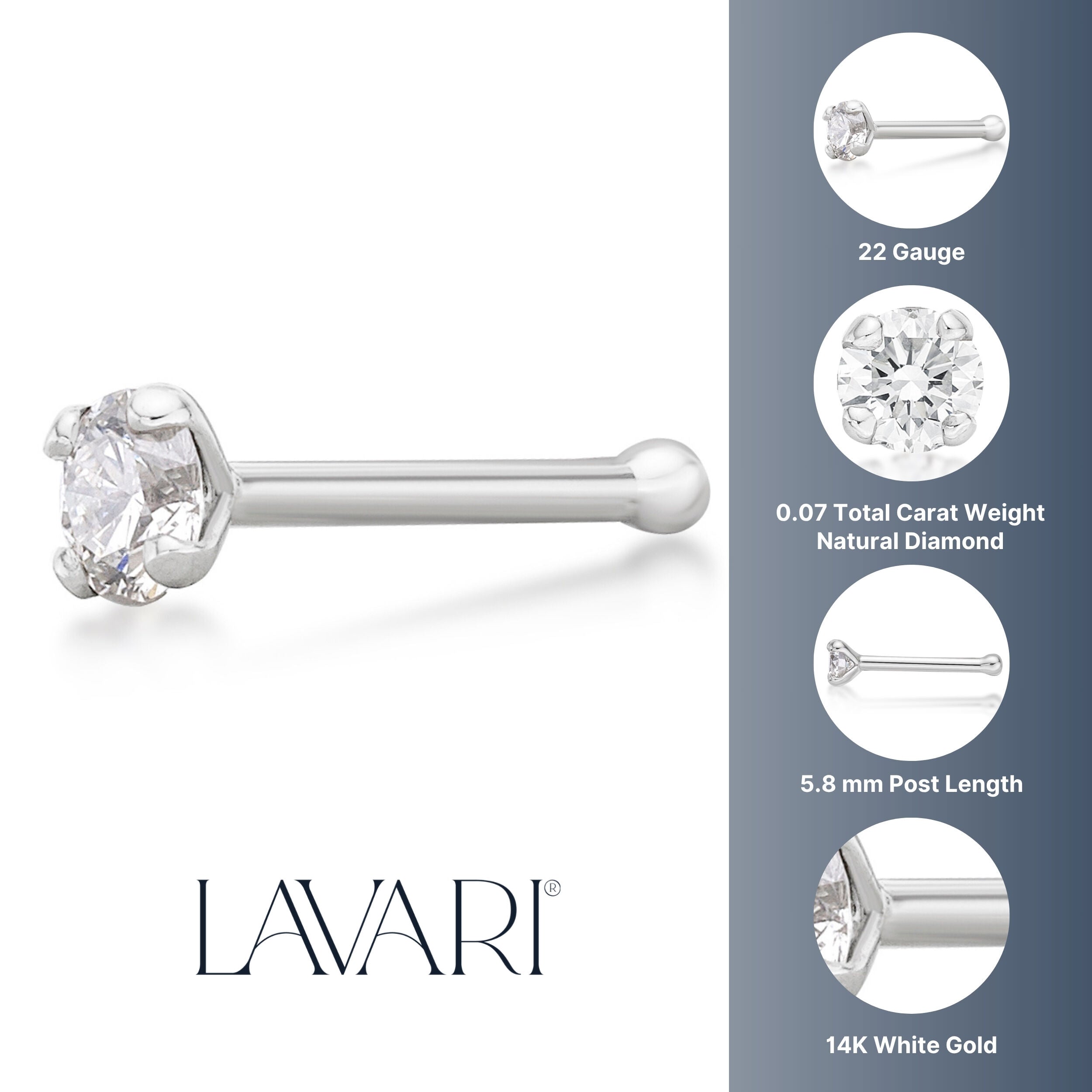 14K Gold Straight Bone Diamond Nose Stud - 22G