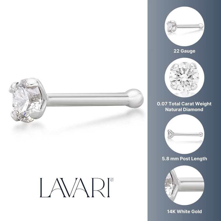 14K Gold Straight Bone Diamond Nose Stud - 22G