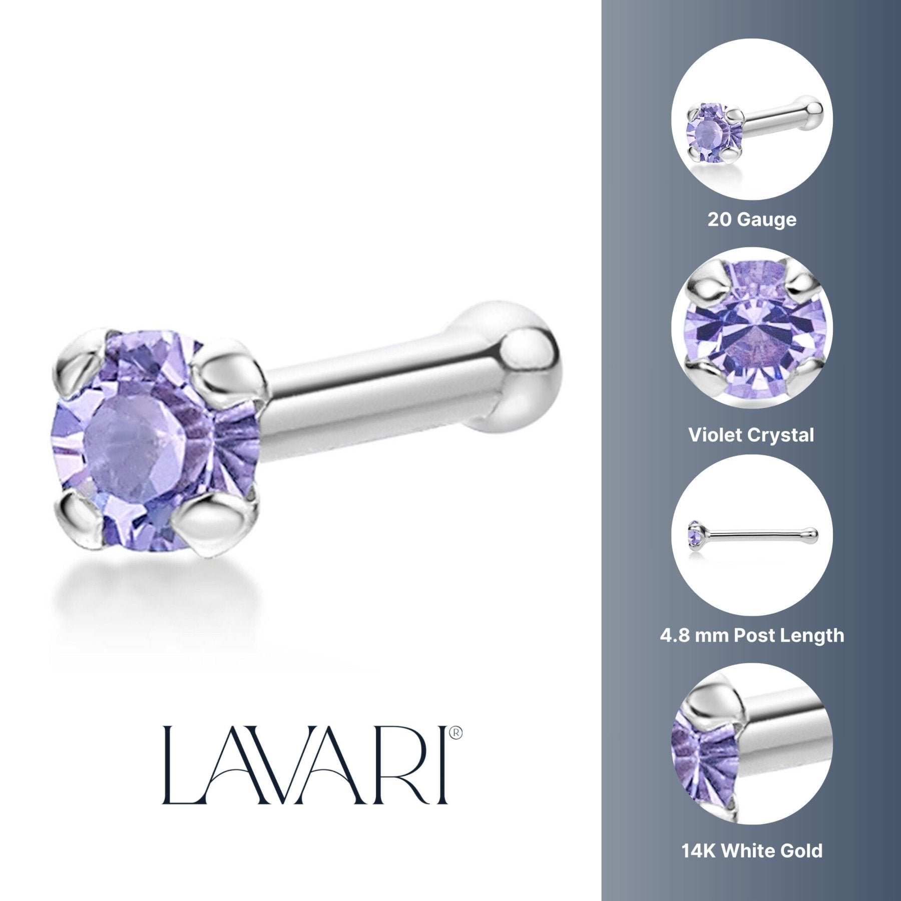 14K White Gold Swarovski Nose Stud - 20G