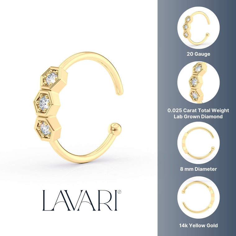 14K Gold Hexagon 0.025 Carat Lab Grown Diamond Nose Hoop - 20G