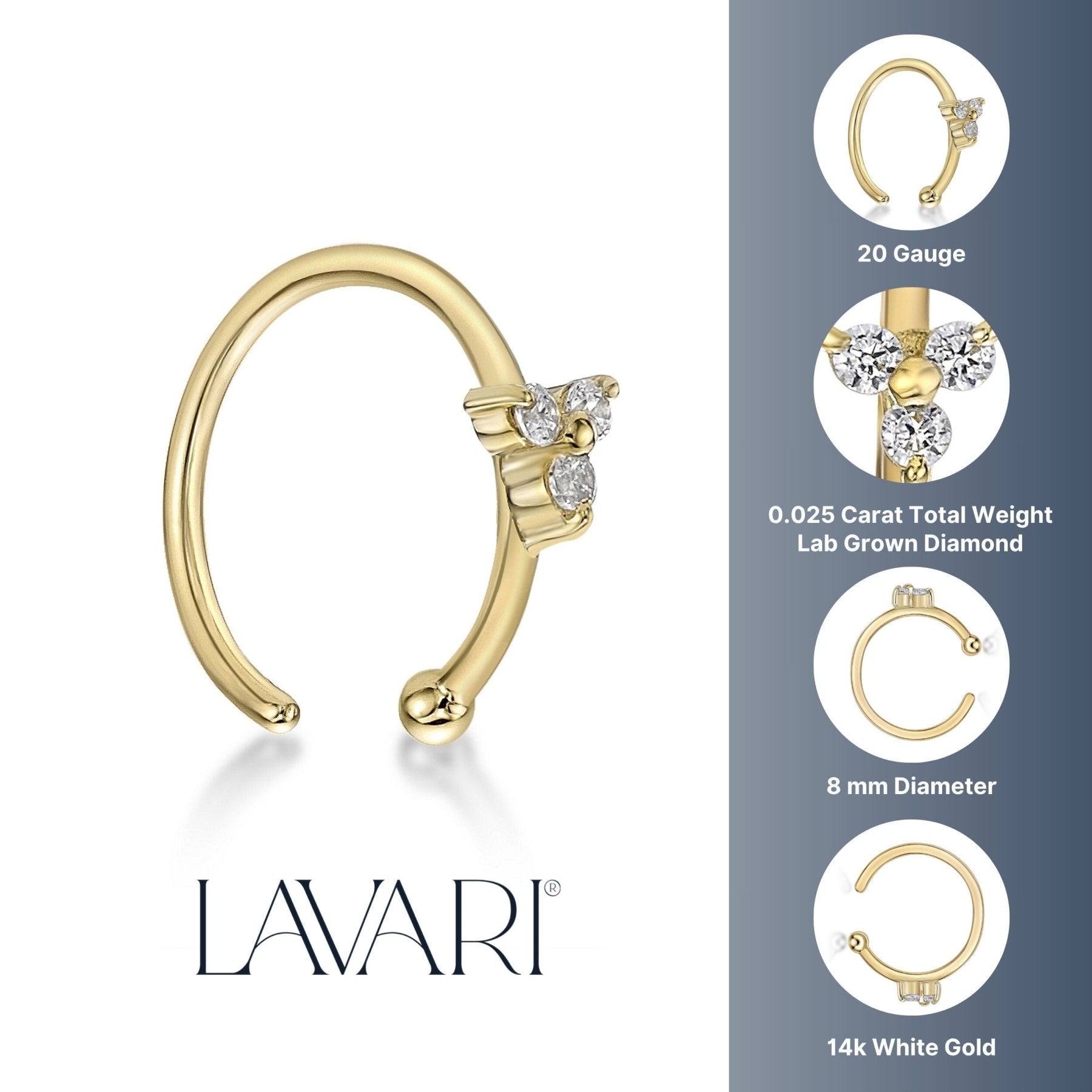 14K Gold Triangle 0.025 Carat Lab Grown Diamond Nose Hoop - 20G
