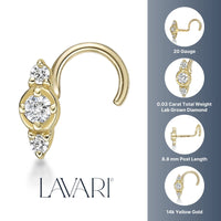 14K Gold Three-Stone 0.03 Carat Lab Grown Diamond Nose Screw - 20G