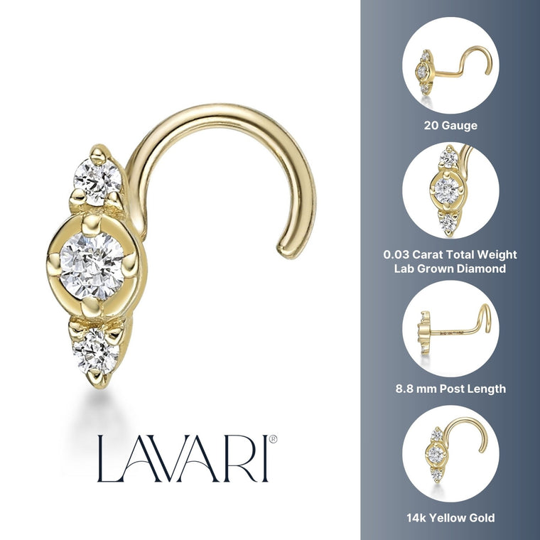 14K Gold Three-Stone 0.03 Carat Lab Grown Diamond Nose Screw - 20G
