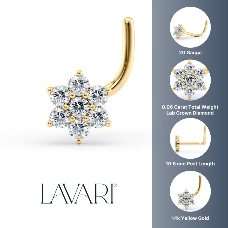 14K Gold Flower Screw Lab Grown Diamond Nose Ring - 20G