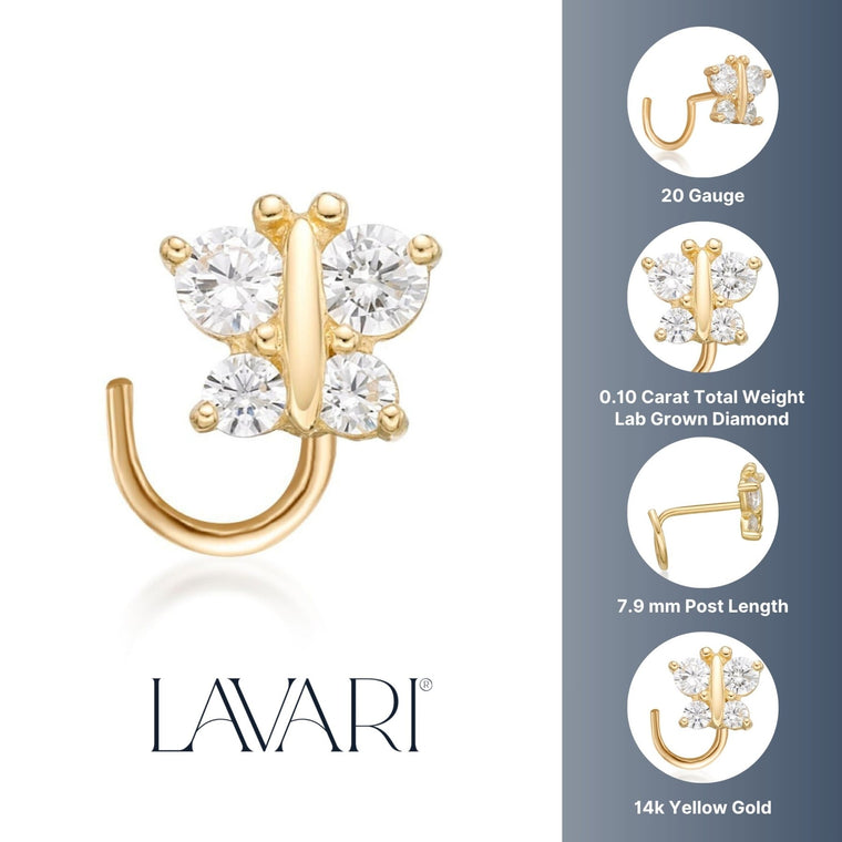 14K Gold Butterfly 0.10 Carat Lab Grown Diamond Nose Screw - 20G