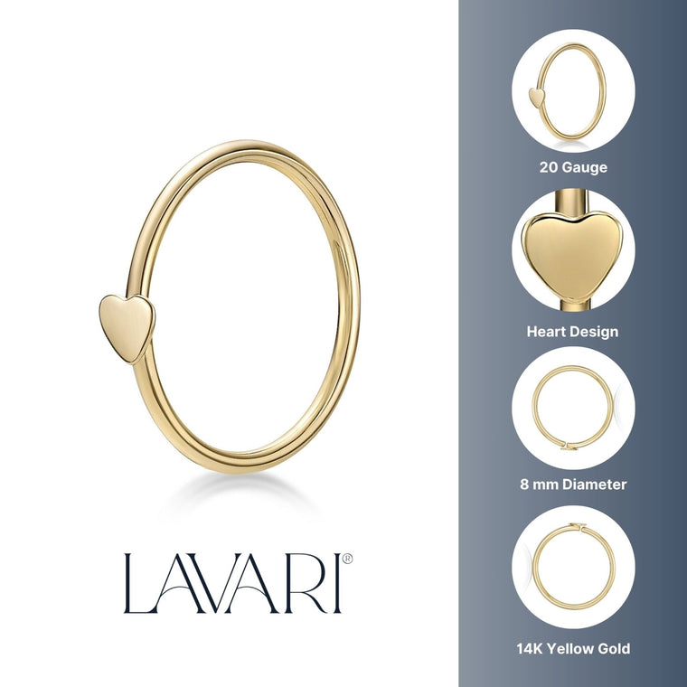 14K Heart Hoop Nose Ring - 20G