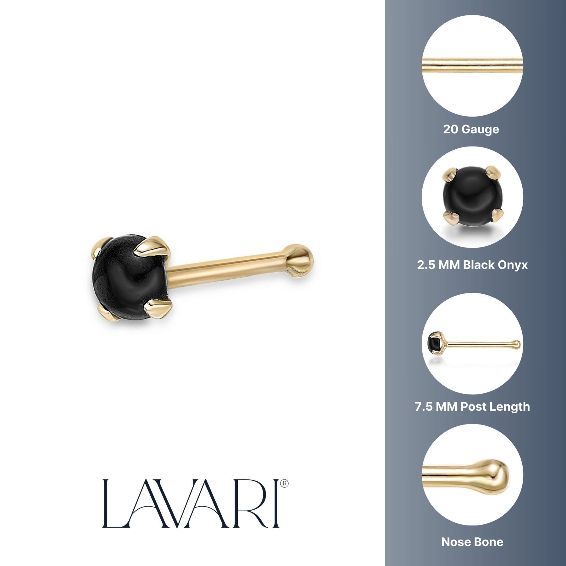 14K Black Onyx Nose Stud - 20G