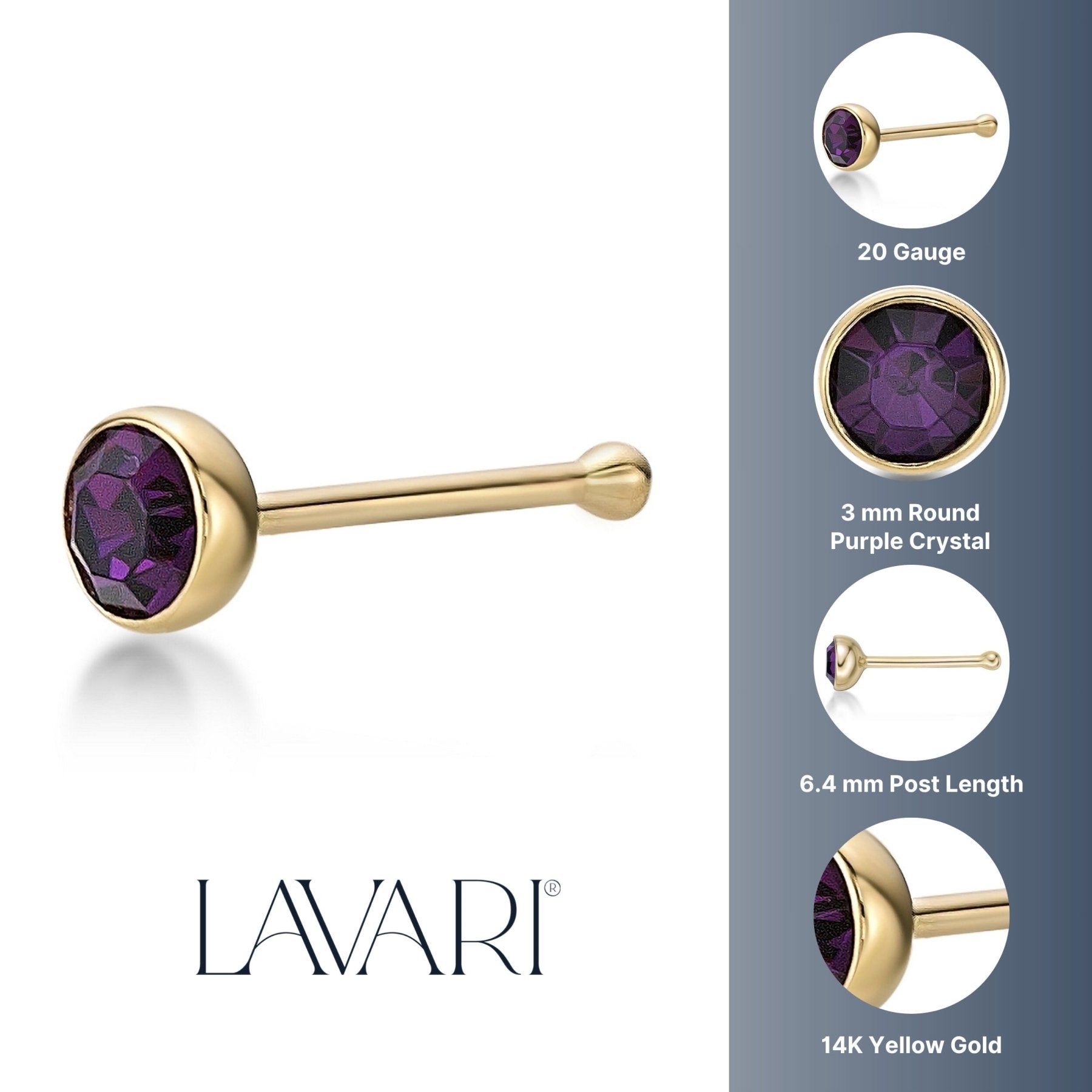 14K Stragiht Bone Purple Swarovski Nose Stud - 20G