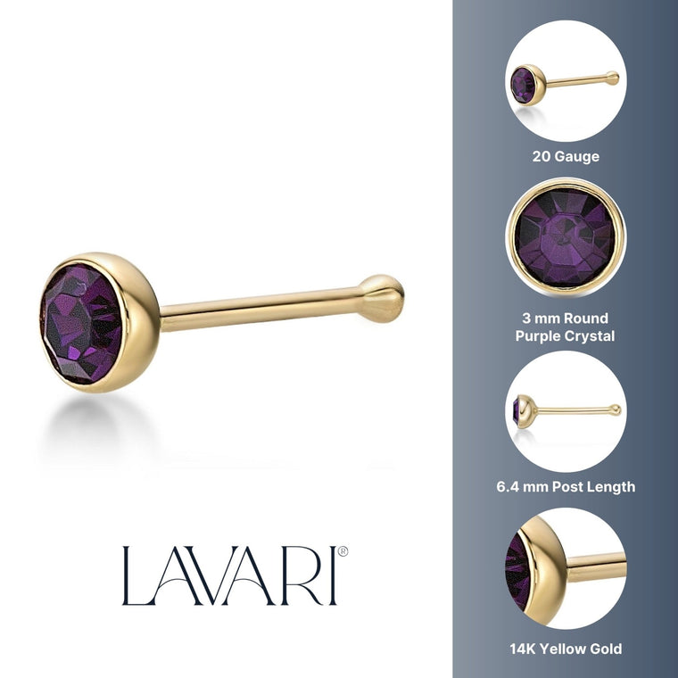 14K Stragiht Bone Purple Swarovski Nose Stud - 20G