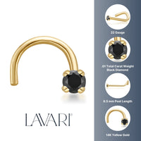 14K Gold Screw Black Diamond Nose Ring - 22G