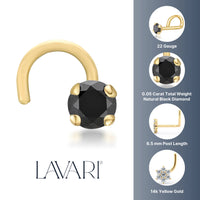 14K Gold Screw Black Diamond Nose Ring - 22G