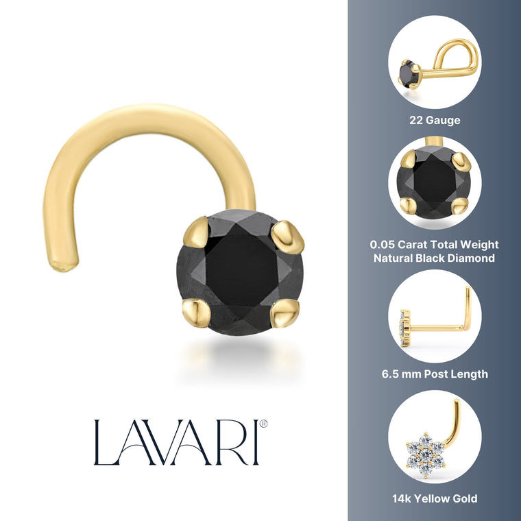 14K Gold Screw Black Diamond Nose Ring - 22G