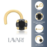14K Gold Screw Black Diamond Nose Ring - 22G