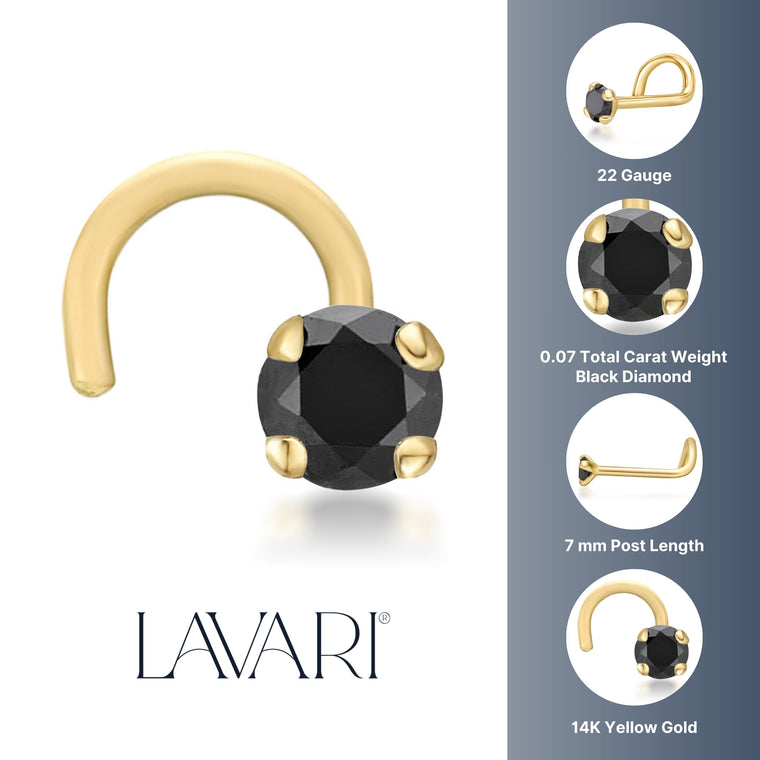 14K Gold Screw Black Diamond Nose Ring - 22G