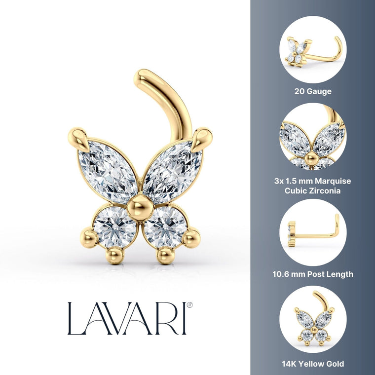 14K Butterfly Cubic Zirconia Curved Nose Ring - 20G